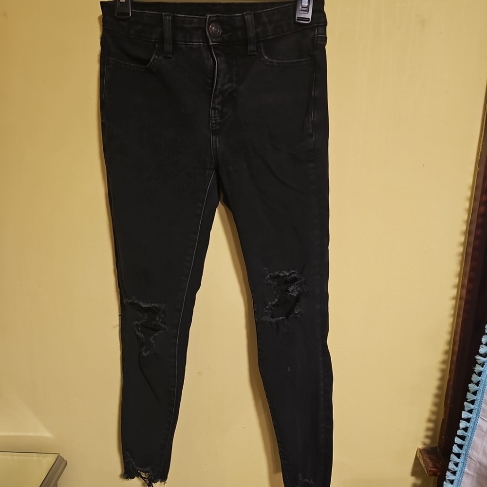 American Eagle Women's Size 0 Short Black Denim Jeans Rips The Dream Jean
